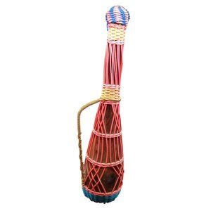 Vintage Woven Glass Bottle With Pink & Blue Straw Design And Handle
